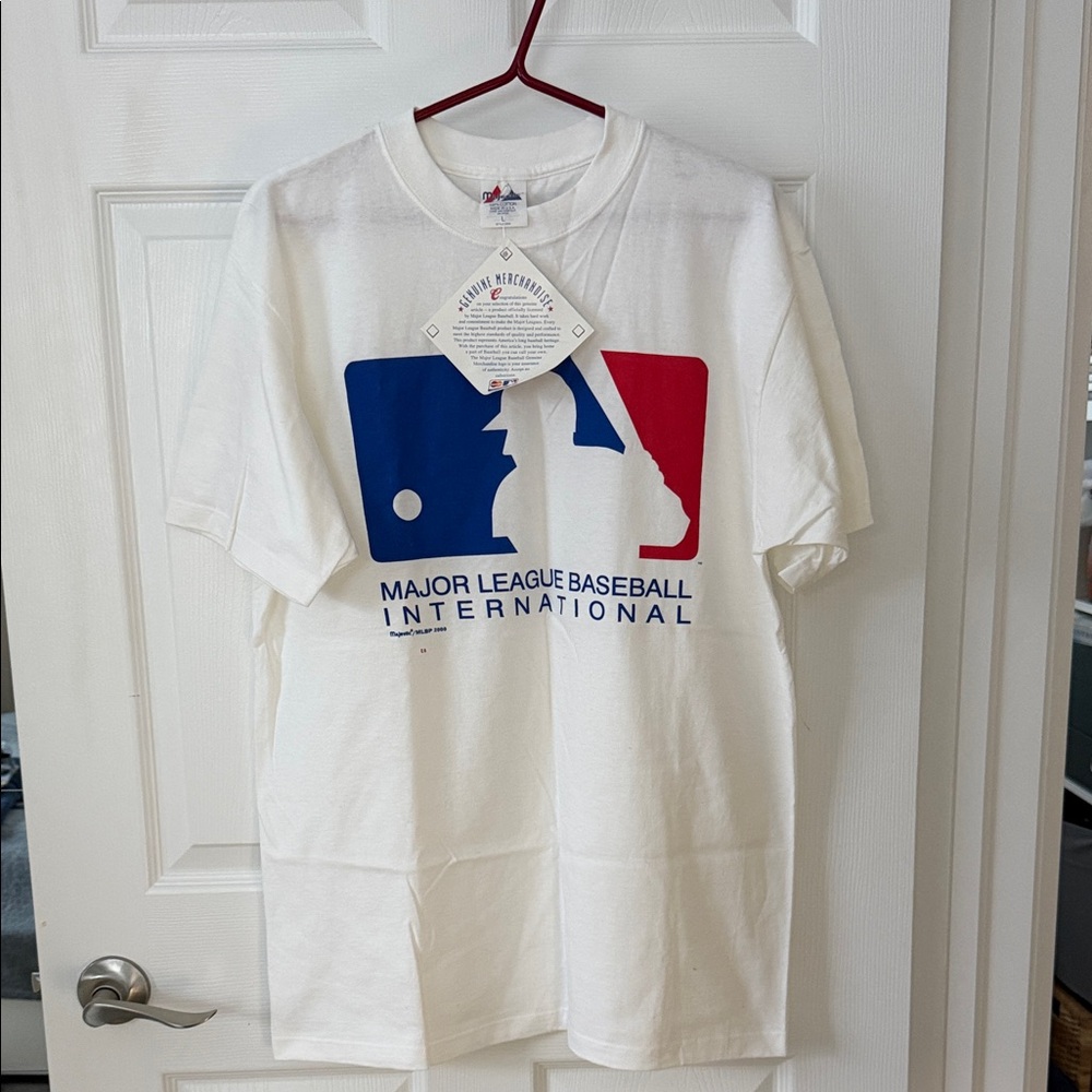 Majestic White T-Shirt with Red and Blue Logo